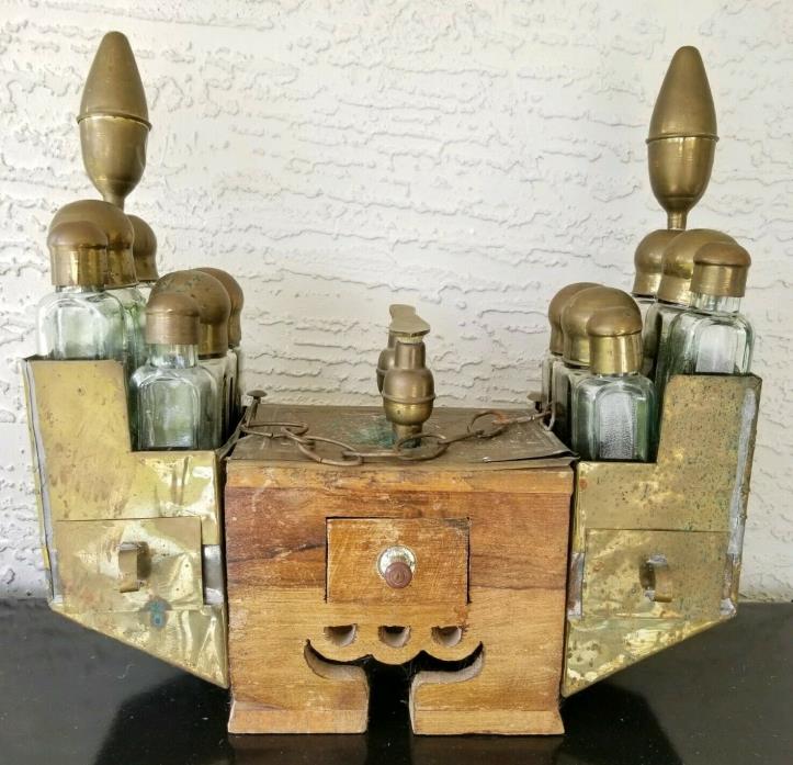 Antique Turkish Shoe Shine Box Kit Hammered Brass & Wood w Glass Bottles Vintage
