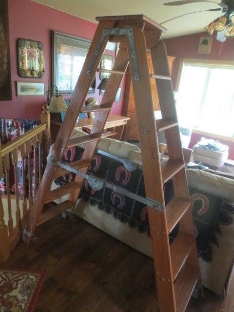 vtg/antique Oak Rolling Library Trestle Step Ladder