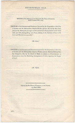 1868 London Metropolis Gas Company Report of Charges & Expenses - Parliament