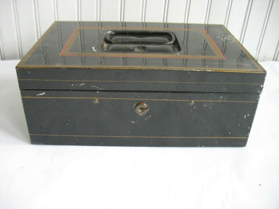Antique Vtg bank enamel METAL BOX vtg black tin cash deed strong tole painted 2