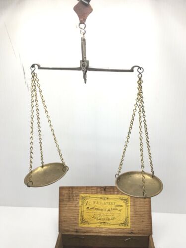 Antique Brass Hanging Balance Scale In Box With Weights