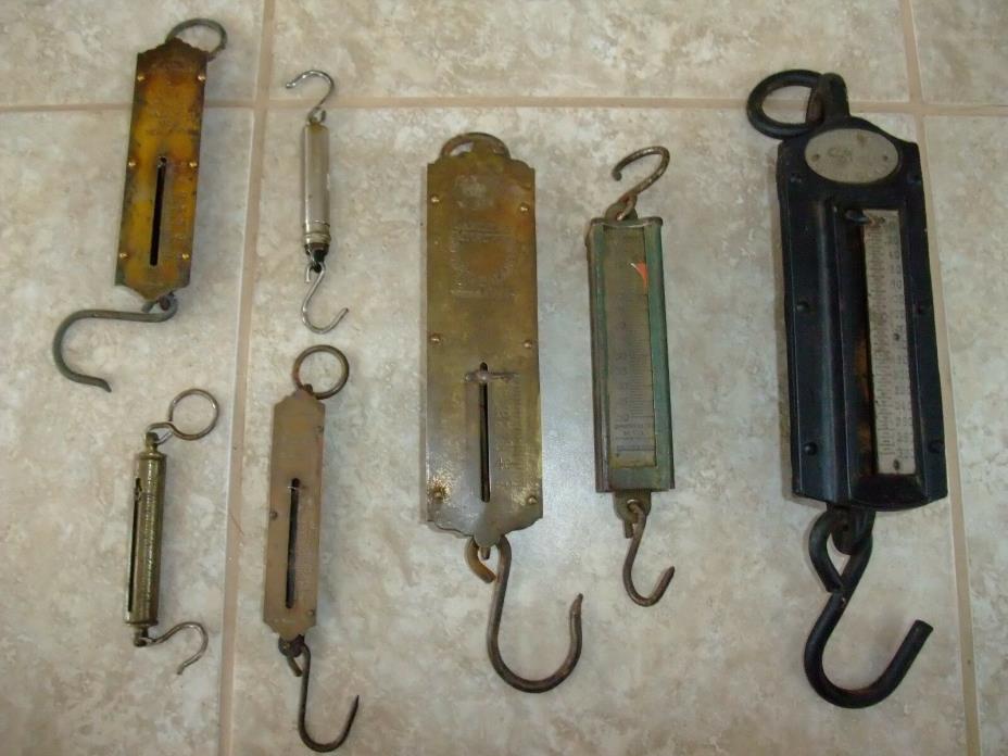 Lot of 7 Vintage Antique Hanging Spring Scales VARYOUS SIZES COLLECTORS TAKE A L
