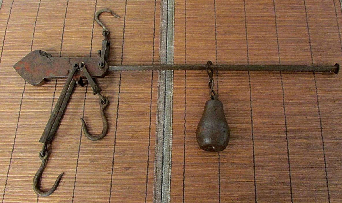 Antique Hanging Scales 0-50lb Iron Scale 3 Hooks Red Farm Tool Primitive RC6