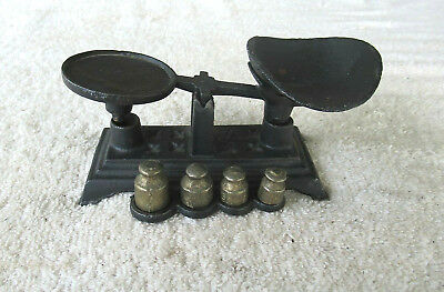 Vtg Small Mini Miniature Balance Scale Cast Iron 4 Weights Salesman Sample Toy