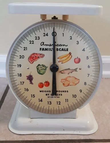 VINTAGE WHITE AMERICAN FAMILY FRUIT MEAT VEG OLD FARM 25 LB METAL KITCHEN SCALE