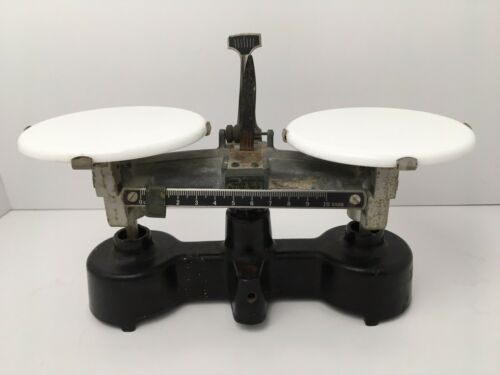 Antique Cenco Cast Iron Balance Scale Mercantile Milk Glass Plates Prop Display