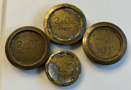 Four Antique Avery Brass Pancake Scale Weights, Three 2 Oz & One 1 Oz.