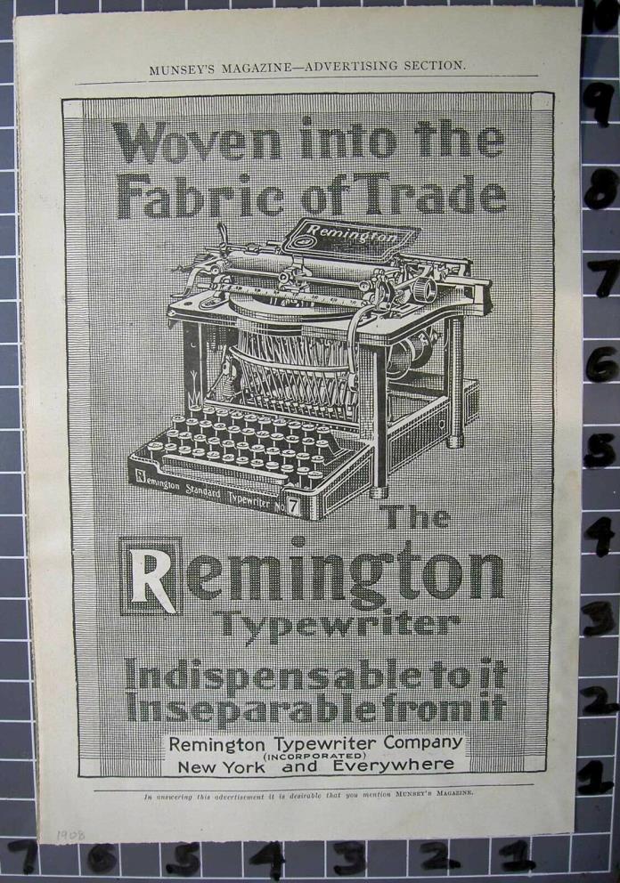 1908 REMINGTON TYPEWRITER LETTER KEY MERCANTILE BUSINESS TRADE WORK AD FB112