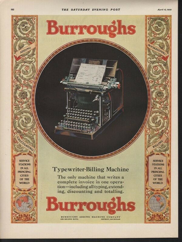 1929 BURROUGH TYPEWRITER DETROIT MICHIGAN BILLING SECRETARY MACHINE A9689