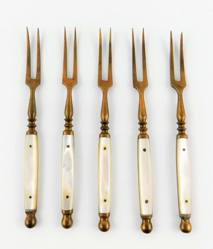 Vintage Heavy Brass Pickle Forks with Mother Of Pearl Handles 4.5