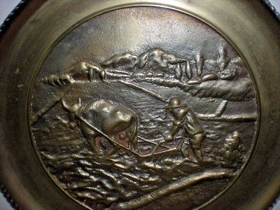Brass Farmer and Ox Plow Charger Wall Hanging Plate Plaque Farming