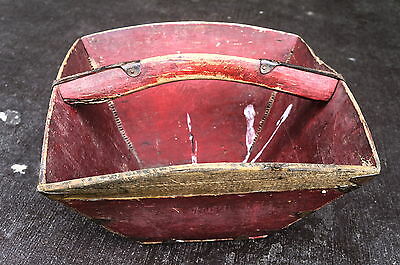 Antique Primitive Old Red Paint Tung & Groove Handle Carrier Box 15