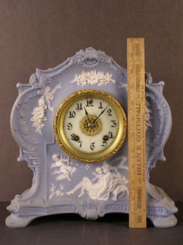 1800's Schafer Vater Jasper Ware German Bisque Cherub Portrait Figure Case Clock