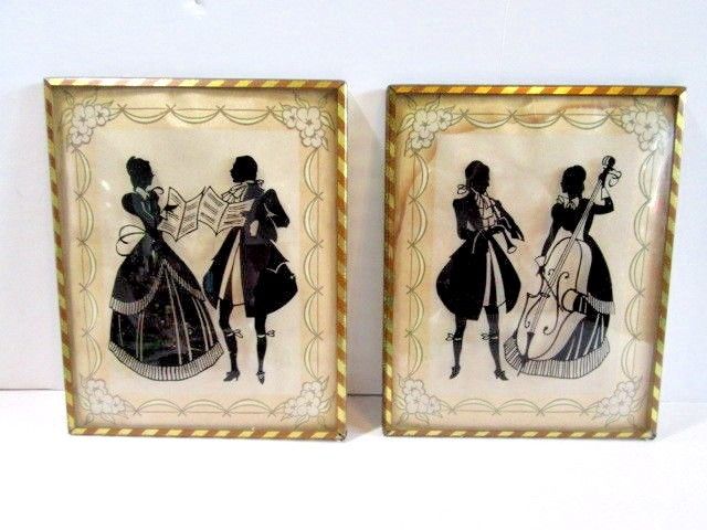 PAIR SET PICTURES ANTIQUE SILHOUETTE MUSICIANS WITH SHEET MUSIC VIOLIN WOODWIND