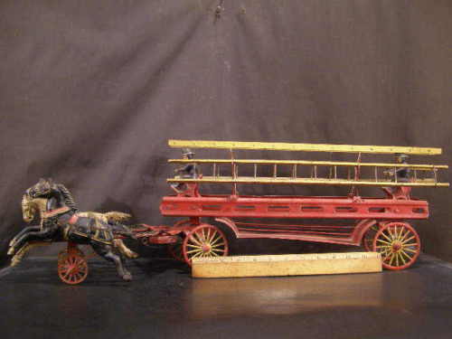BIG 19c Wilkins Tin Wood Cast Iron Hook Ladder Fire Truck Animal Horse Drawn Toy