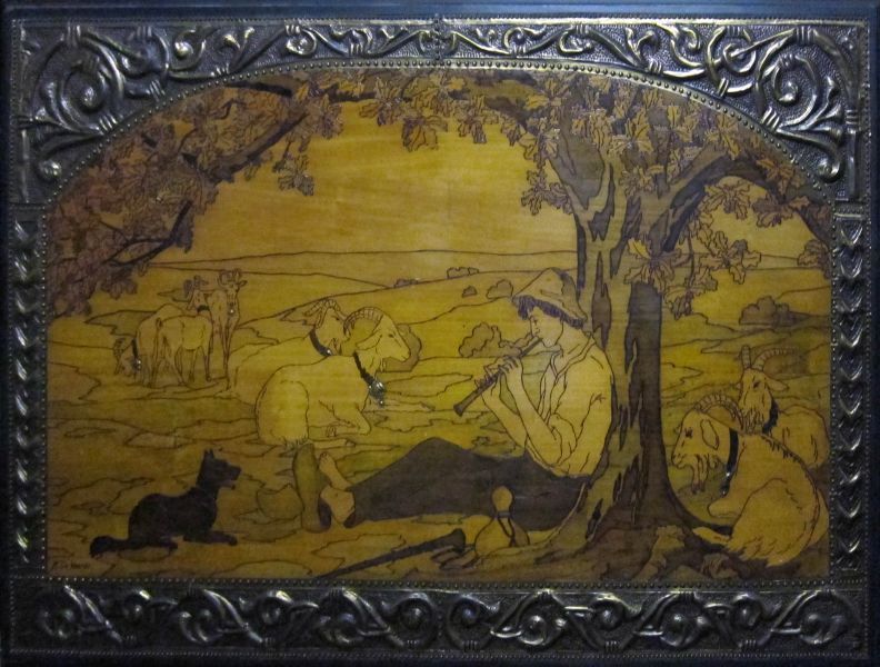 Large Art Nouveau hand painted wood plaque brass sheeps dog sheppard 1900s