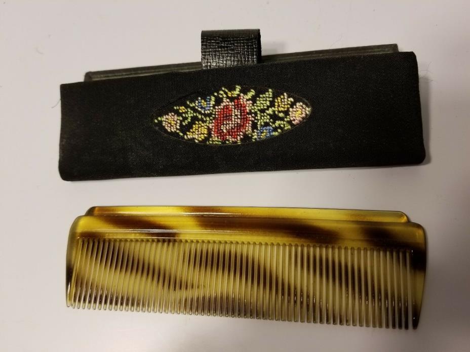 Vintage Western Germany Travel Mirror & Comb Flower Needlepoint