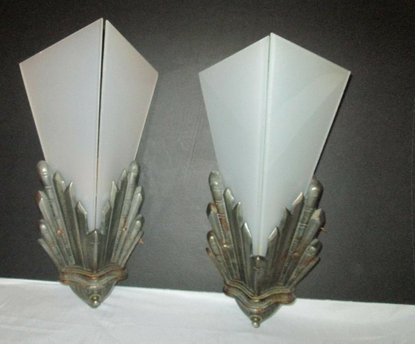 Rare Antique Pair of Art Deco, Art Nouveau Cast Iron Sconces w/ Frosted Glass