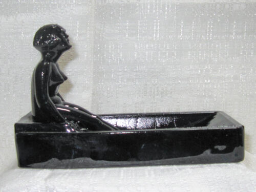Art Deco nymph card desk  ashtray ring soap dish in black amethyst all glass USA