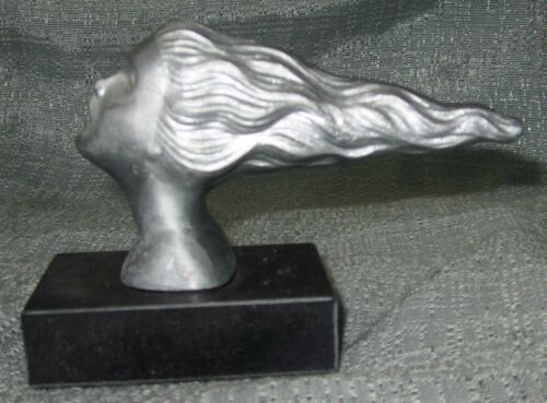 Art Deco nymph head w/ hair Trophy or Paperweight on marble base sanded alum USA