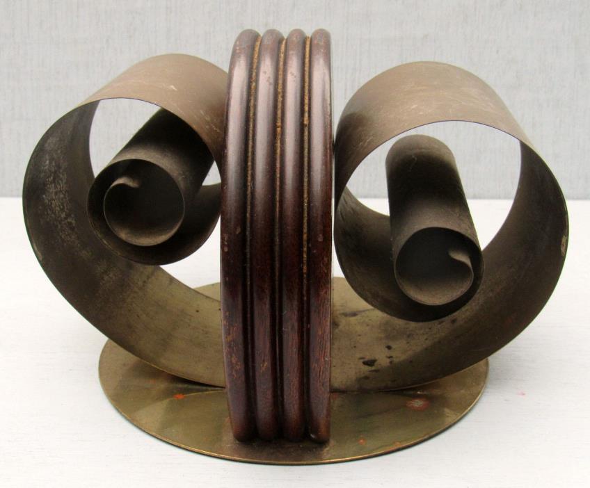 DECO MAHOGANY WOOD & BRASS SCROLLED SPRING BOOK HOLDER/END