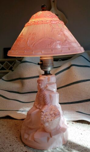 VINTAGE ART DECO PINK FROSTED ASIAN BEDSIDE WORKING LAMP - STUNNING