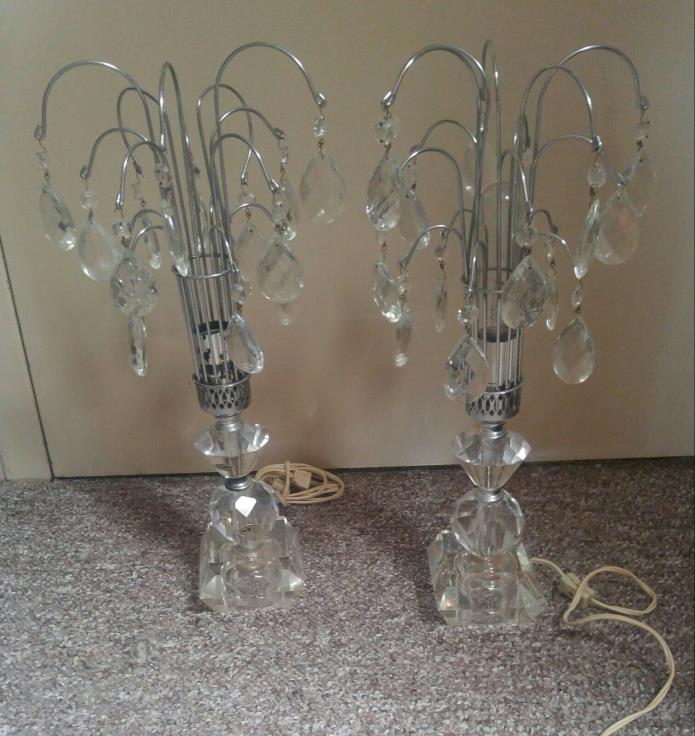 Art deco mcm Hollywood regency waterfall crystal hand cut glass pair lamps offer
