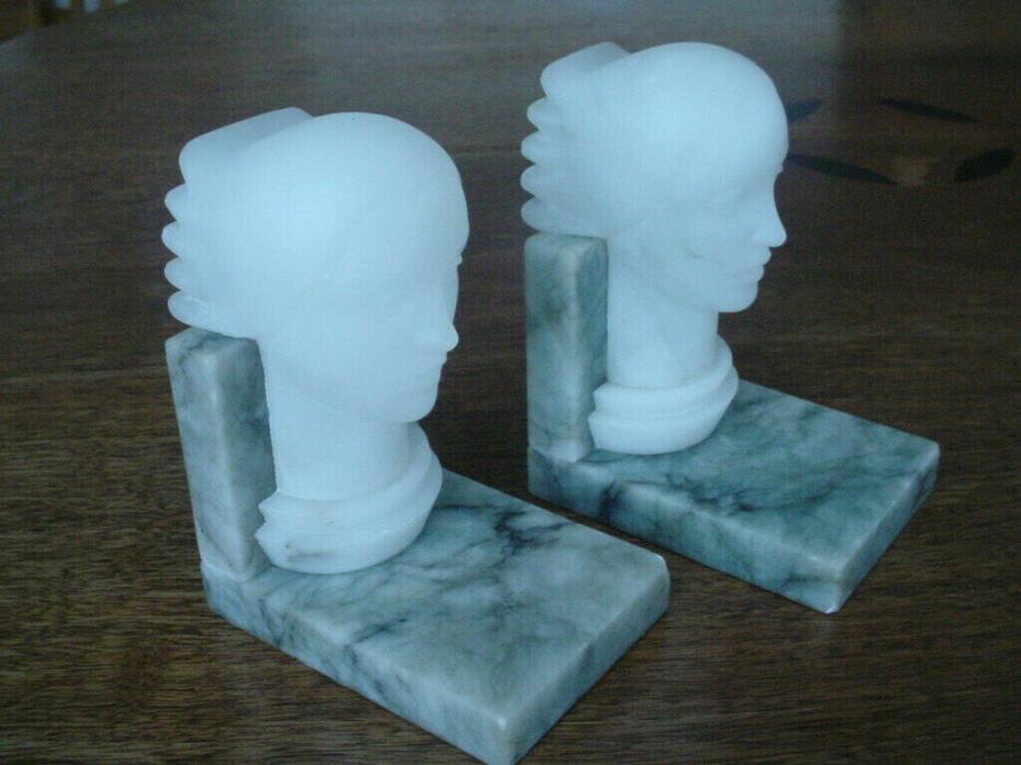 Antique Vintage Art Deco Marble Alabaster Lady Head Book Ends Italy