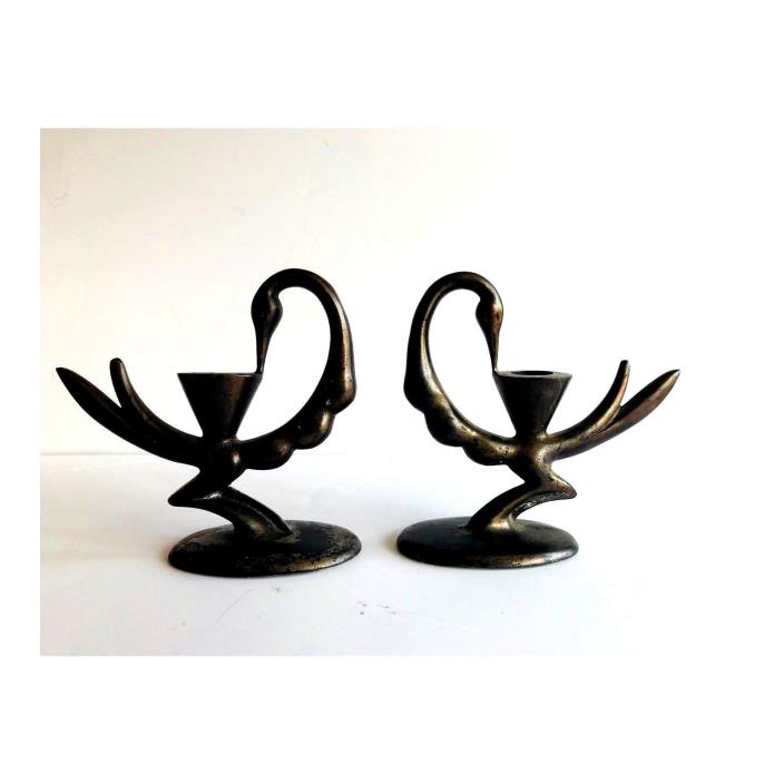 Art Deco Bronzed Iron Peacock Candle Holders