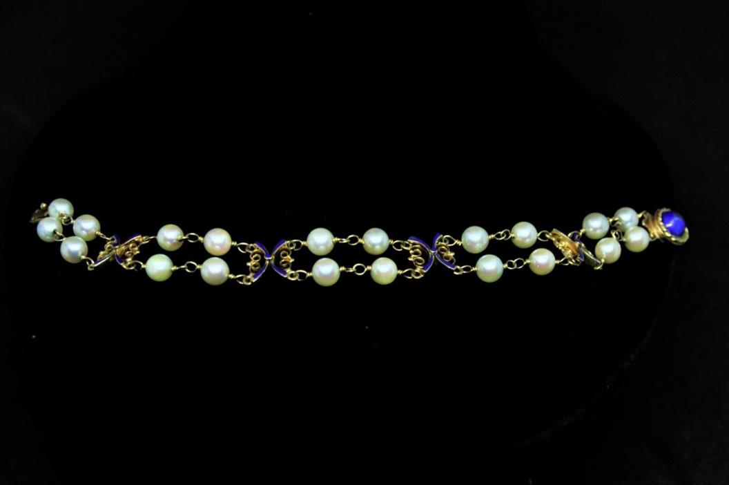 Victorian ? 14k Gold Pearl Blue Enamel Bracelet Antique 20 Pearls Approx 6.25 mm