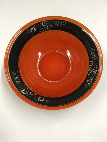 Vintage Art Deco Bowl Orange & Black W/ Floral Design Painted Unsigned Enamel