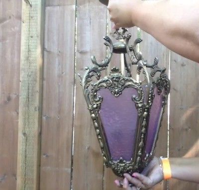 Stunning Antique  Purple 5 Panel Deco Ornate Brass Hanging Light Fixture