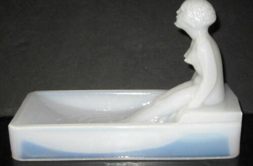 Art Deco nymph card desk tray ashtray soap dish in opal white all glass USA