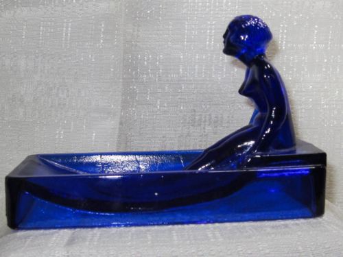 Art Deco nymph card desk tray ashtray soap dish in cobalt blue all glass USA