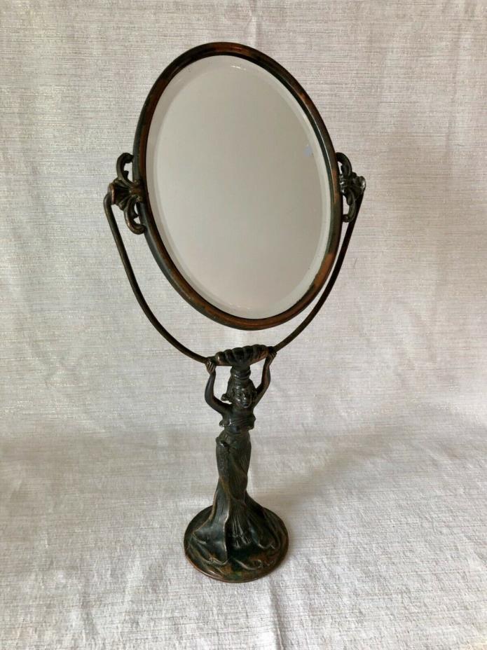 Antique Vintage Art Deco Vanity Table Mirror - Woman Holding Beveled Edge Mirror
