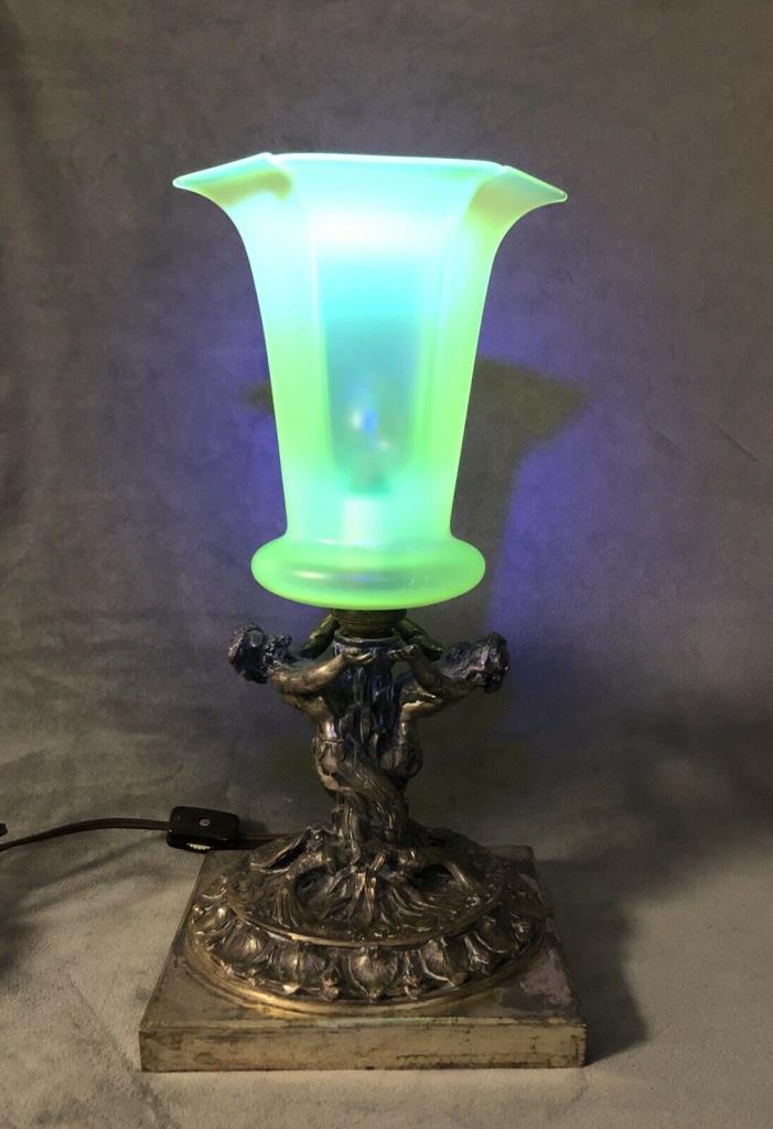 Vintage Art Nuevo Spelter Figural Tree Nymphs Lamp With Vaseline Glass Shade