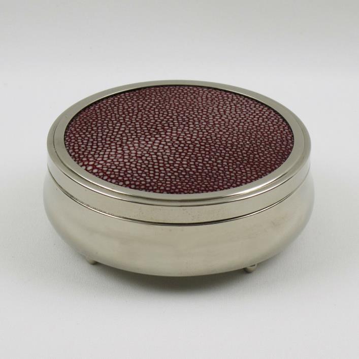 Vintage French Art Deco Covered Round Box Chrome and Red Shagreen