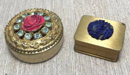 VTG Volupte brass 1 inch pill/snuff box carved Lapis Lazuli flower lot & sparkle