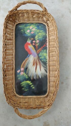 Vintage art deco 1930 exotic bird feather picture table stand wicker basket tray