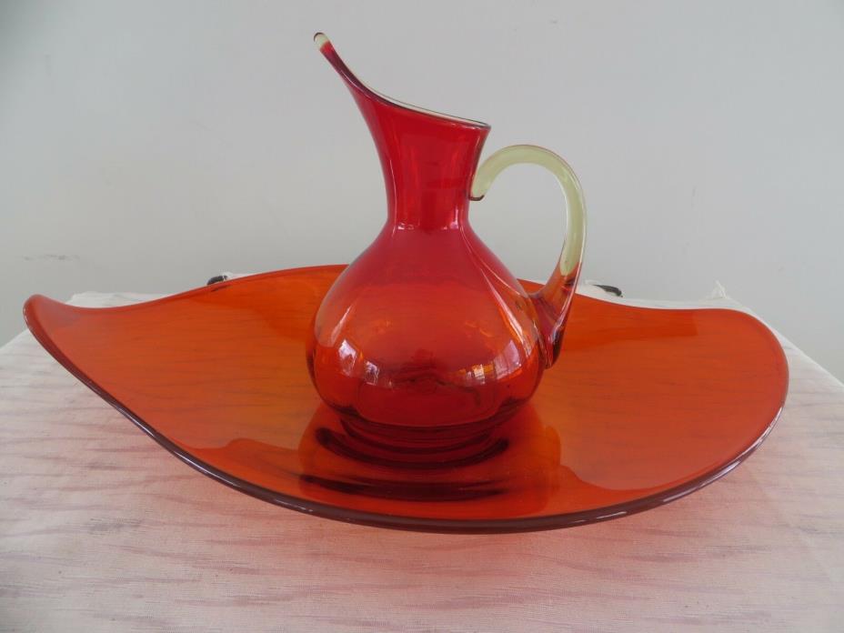 Mid Century BLENKO (?) Centerpiece Blown Glass Pitcher & Platter Tray Dish Vase