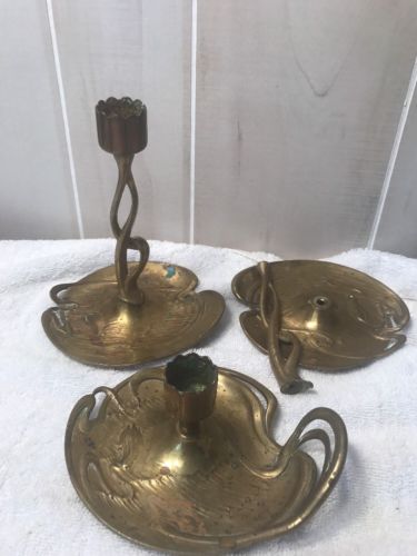Antique Bronze / Brass  Art Nouveau  3 candlesticks marked Geschutzt