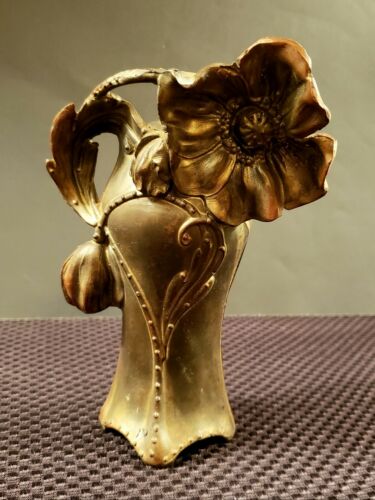 Bronze vintage bud Vase With Poppy Flower Art Nouveau antique 7