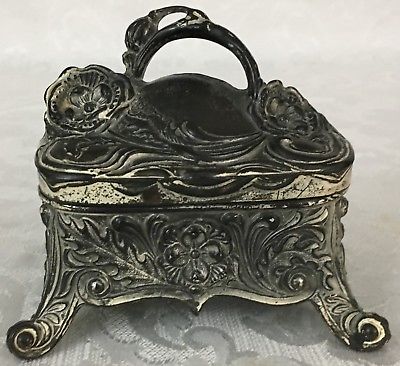 Antique Black & Silver Metal Footed Jewelry Casket Box with Hinged Lid Marked 55