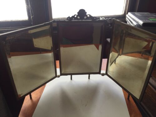 c.1900 Bronzed metal Vanity Mirror Bezeled Ornate Table Top 3 Tier
