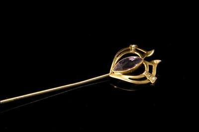 ANTIQUE ART NOUVEAU PASTE AMETHYST SEED PEARL 10K GOLD STICK PIN A32282