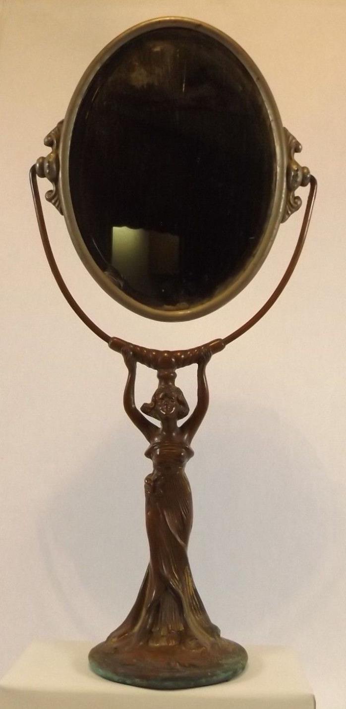 Antique Vintage Art Nouveau Woman Copper? Swivel Vanity Dresser Mirror 17