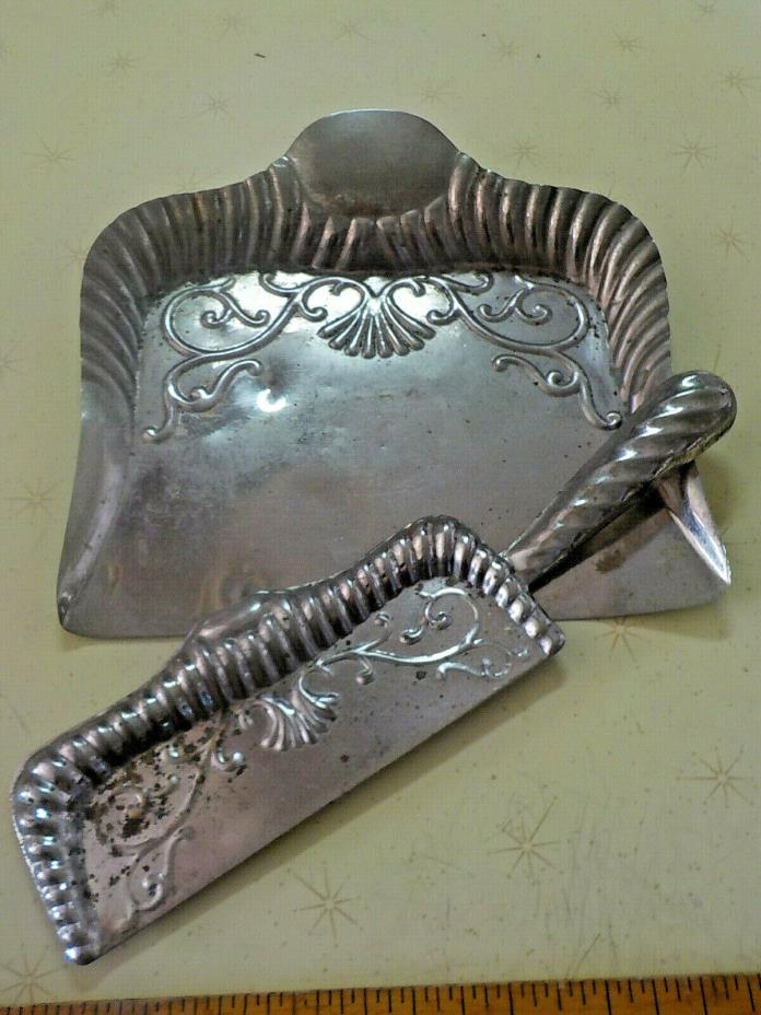 Antique Art Nouveau Silver Plated Brass Dust Pan and Scraper