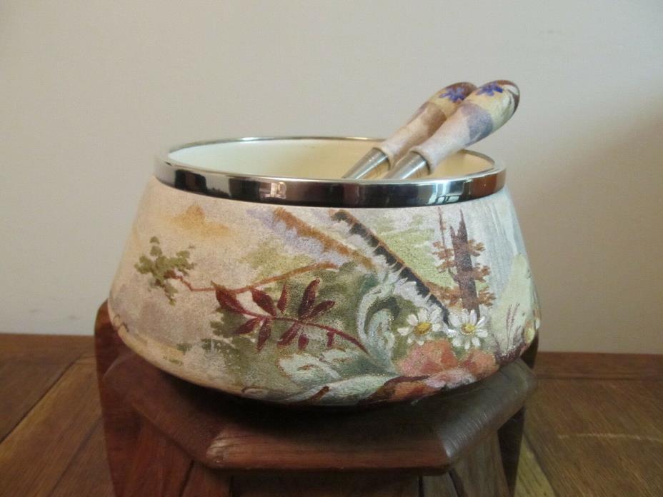 Royal Bonn Art Nouveau Salt Glazed Ceramic SP Trimmed Salad Bowl with Tongs