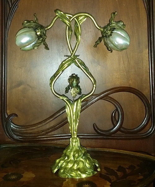 Art Nouveau IRIS LAMP Mother of Pearl Shades Ecole Nancy Majorelle 1900 FRENCH