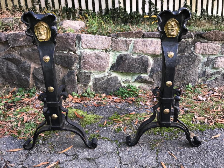 Pair ANTIQUE Monk Head Andirons ARTS & CRAFTS Fireplace Brass Wrought Iron 1910s